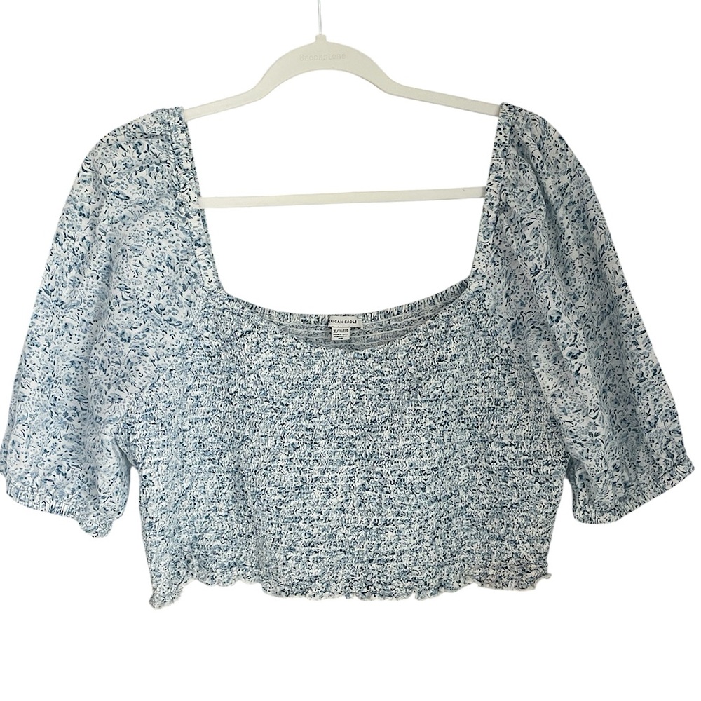 American Eagle Blue Floral Smocked Sweetheart Neck Crop Top